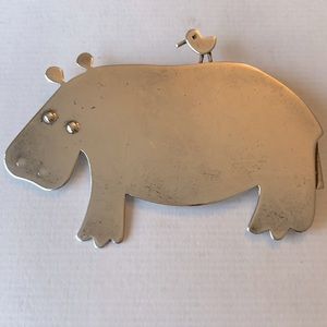 Vintage Hippopotamus and Bird Silver Pin Brooch